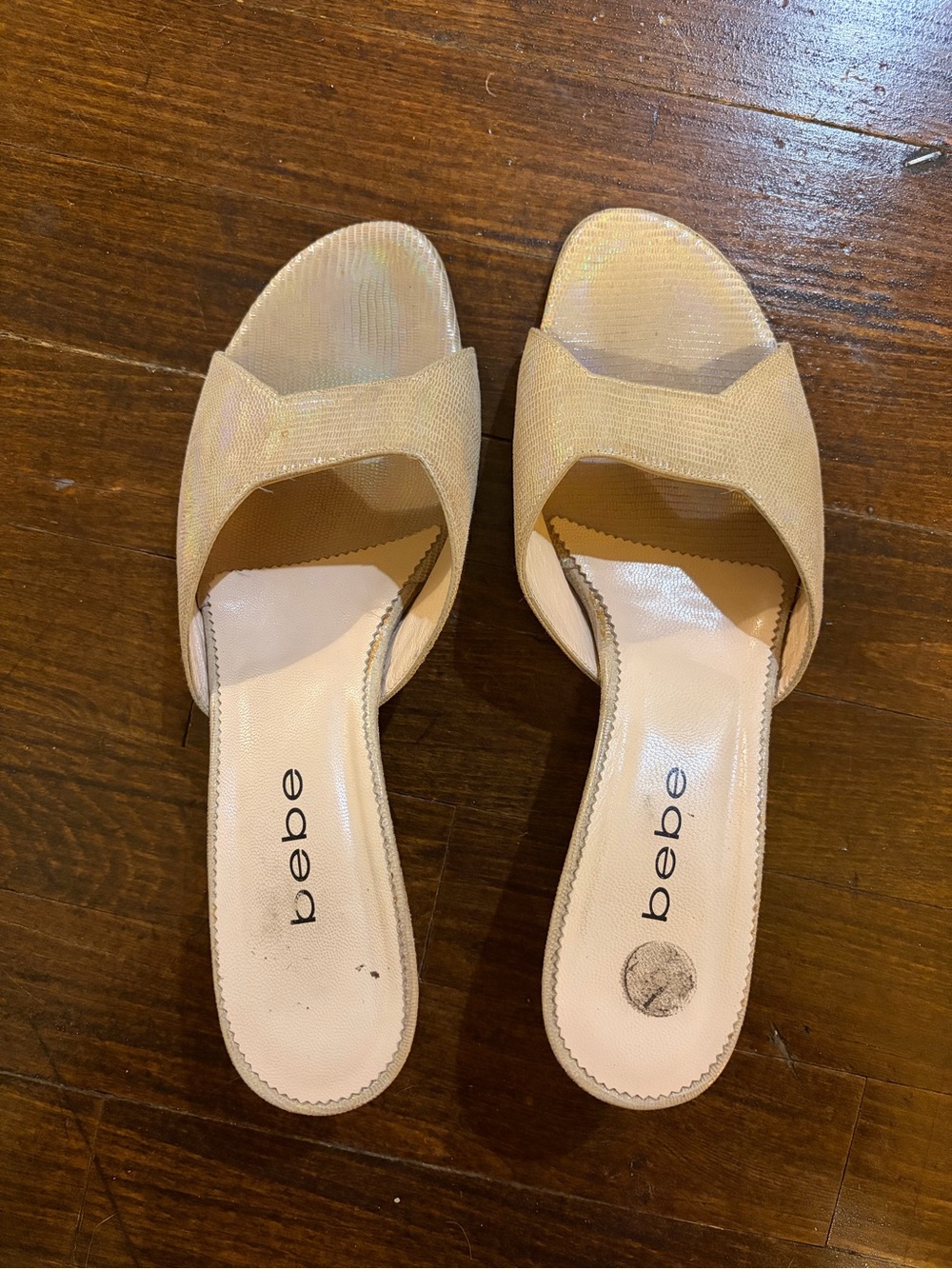 bebe iridescent kitten heel sandals